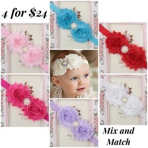 Boho Baby/Toddler Crystal Pearl Double Flower Stretchy Headband